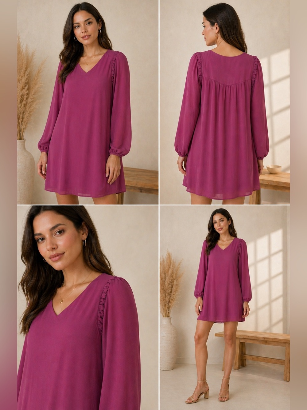ANDREE BY UNIT Magenta V-Neck Long Sleeve Mini Dress